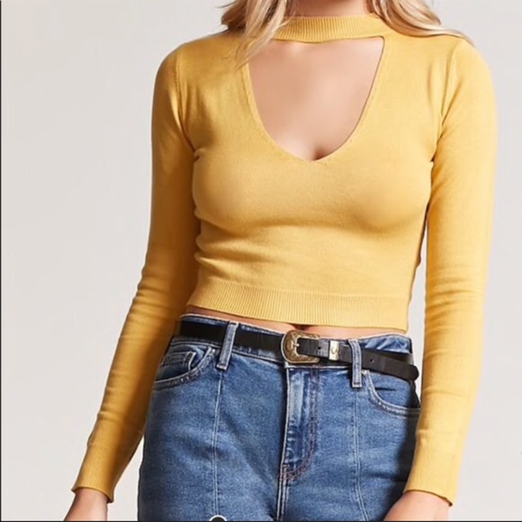 Forever 21 Tops - Mustard Yellow Mock Neck Cutout Sweater Crop Top